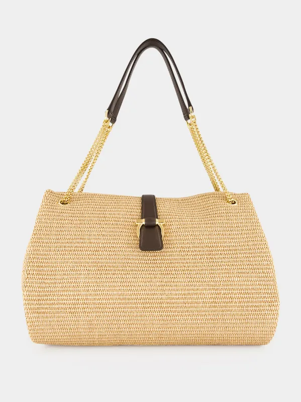 Natural Nude Mia Large Raffia Tote Bag made by Salvatore Ferragamo