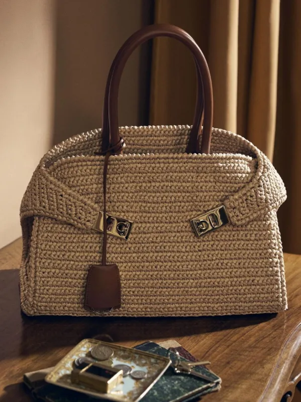 Natural Medium Hug Raffia Handbag made by Salvatore Ferragamo