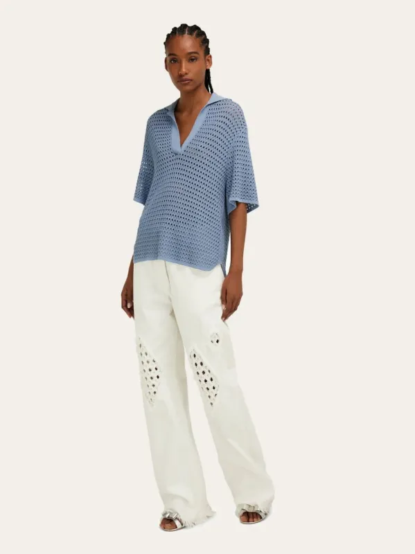 Light Denim Open Knit Polo Shirt made by Salvatore Ferragamo