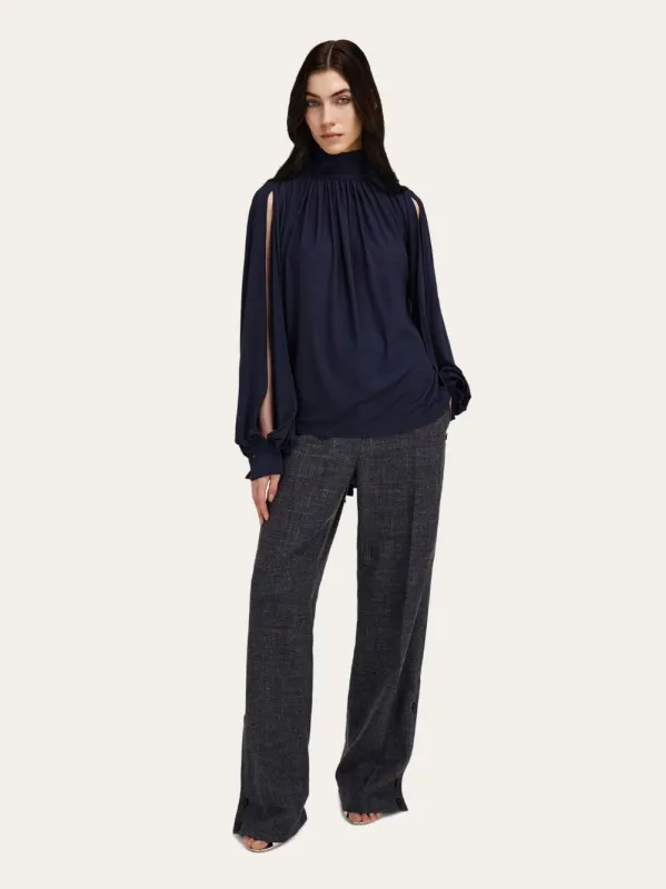 Navy Blue Gathered Top with Shoulder Slit Detail made by Salvatore Ferragamo