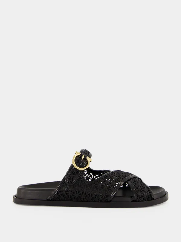 Black Gancini Buckle Crossover Slides made by Salvatore Ferragamo