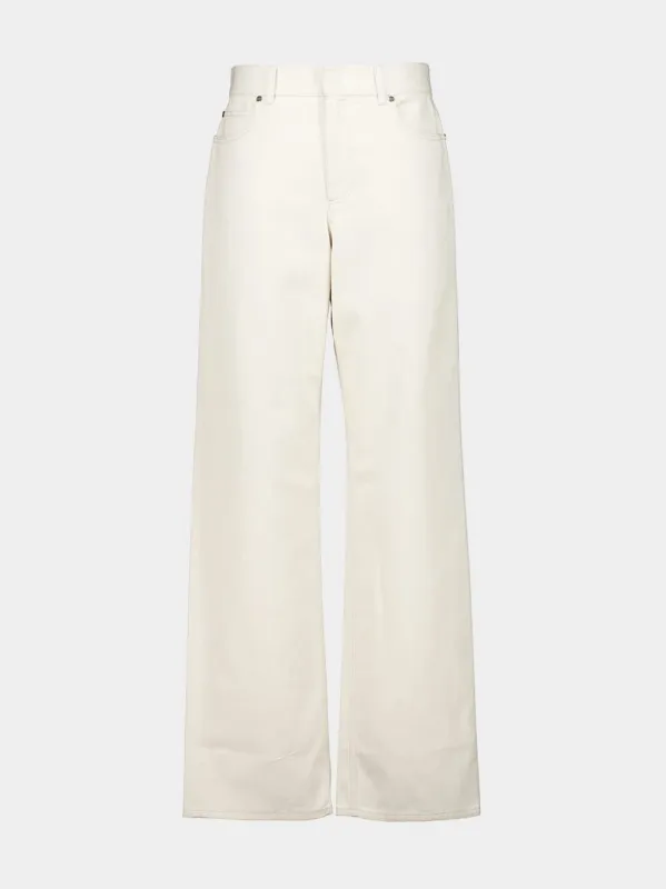 Beige Wide-Leg Denim Jeans with FF Hem Detail made by Fendi
