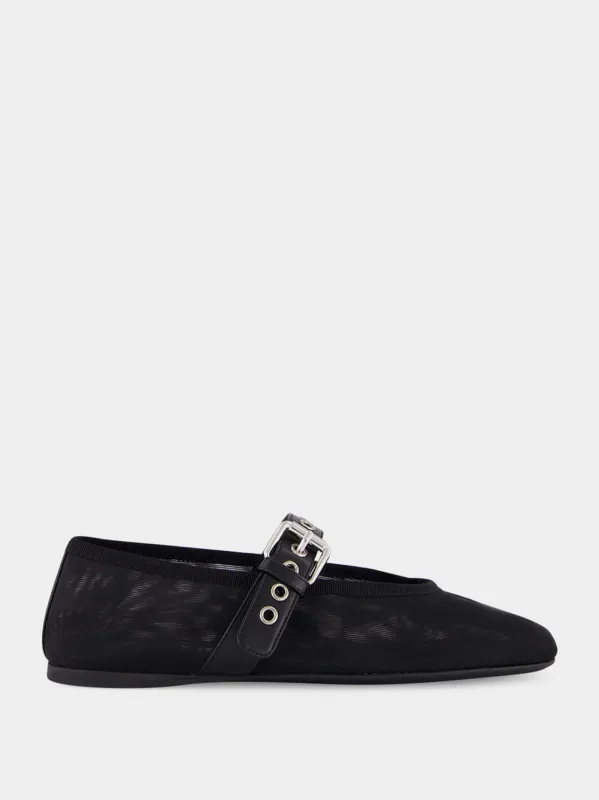 Black Mesh Ballerinas with Leather Strap made by Miu Miu
