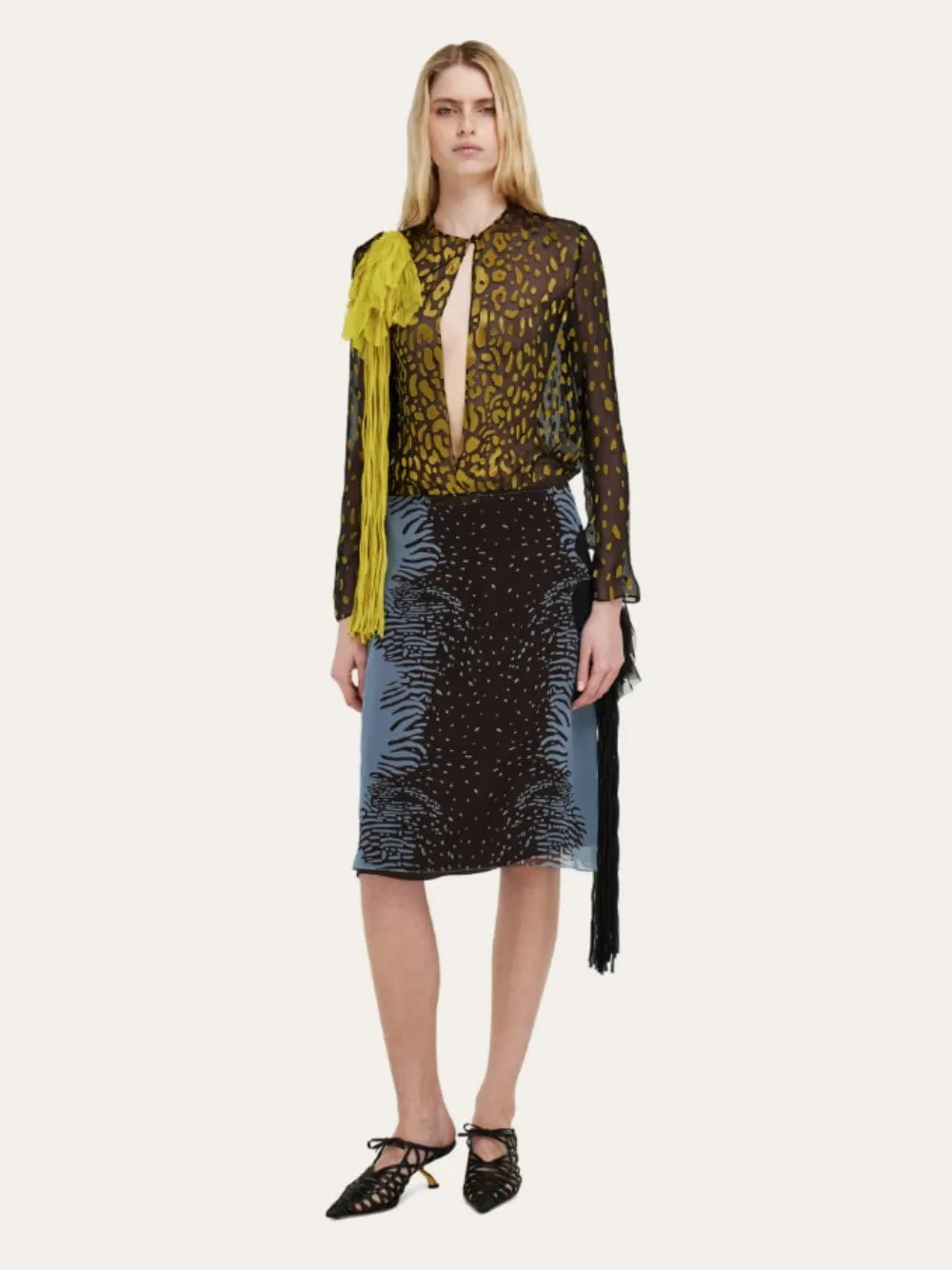 Washed Denim and Espresso Silk Animal Print Skirt sold by Fashion Clinic