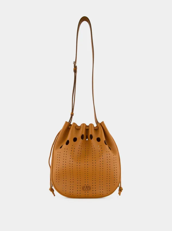 Cuoio Brown Perforated Leather Bucket Bag made by Valentino Garavani