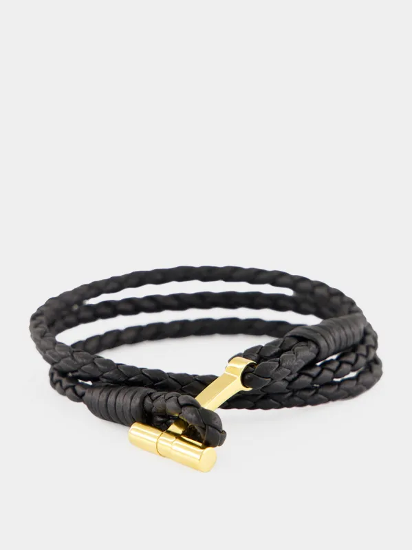 Black Braided Leather T Wrap Bracelet made by Tom Ford