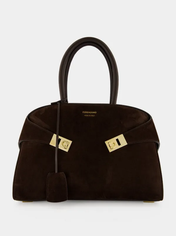 Brown Suede Hug Small Top Handle Bag made by Salvatore Ferragamo