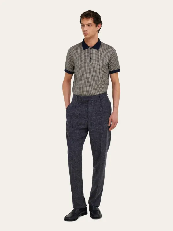 Navy Micro Check Silk Polo made by Salvatore Ferragamo