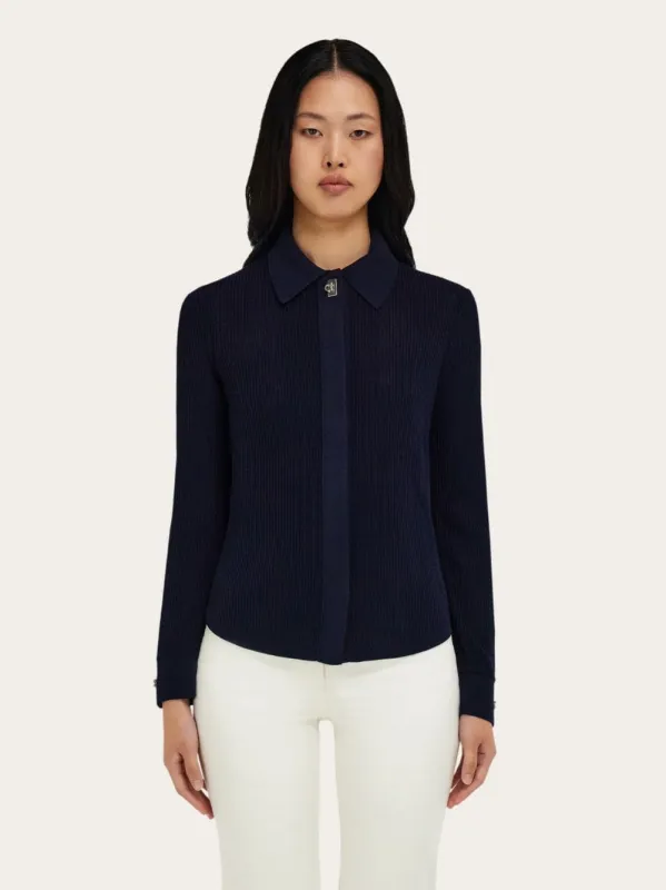 Navy Blue Knitted Long-Sleeve Shirt made by Salvatore Ferragamo