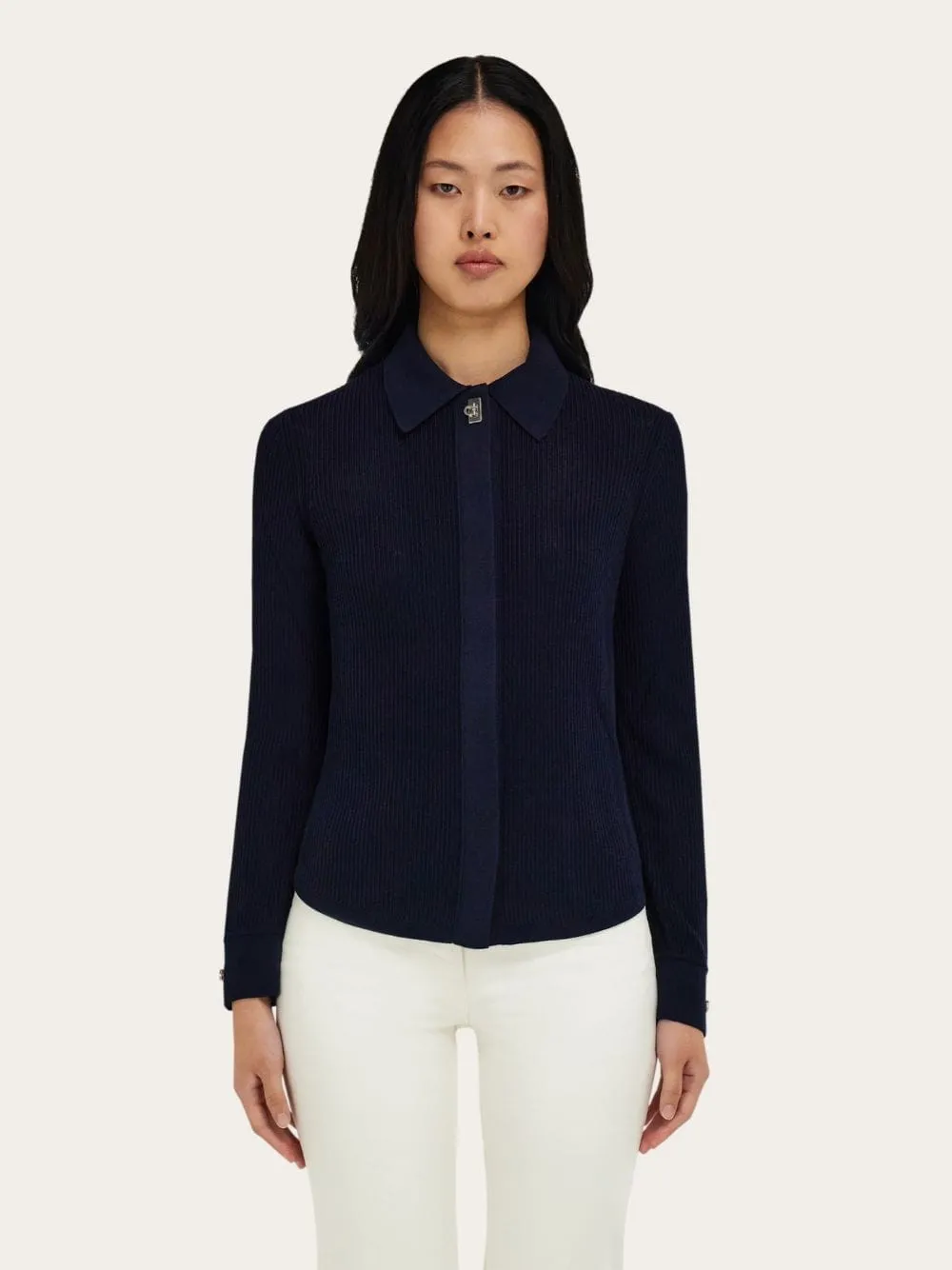 Navy Blue Knitted Long-Sleeve Shirt sold by Fashion Clinic