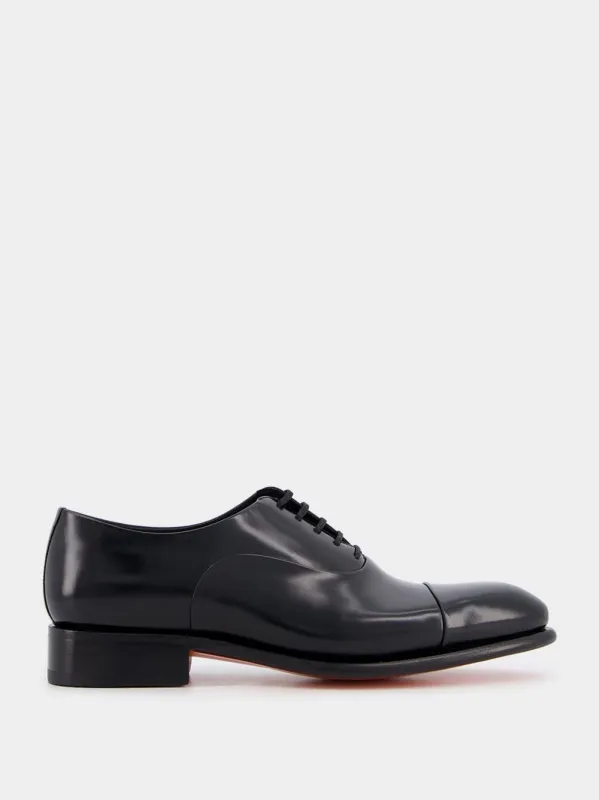 Polished Black Leather Oxford Shoes made by Santoni