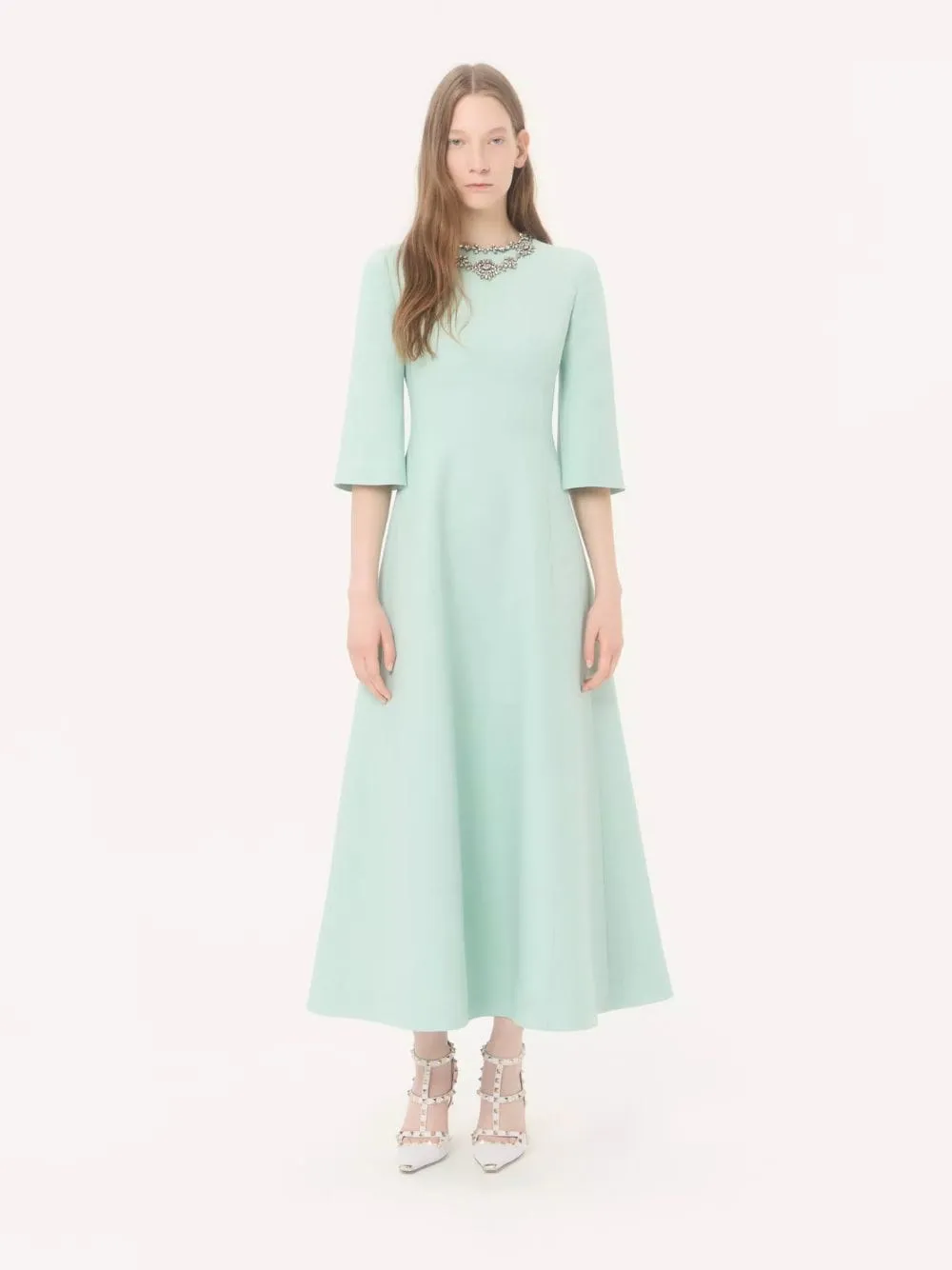 Celadon and Silver Crepe Couture Embroidered Midi Dress sold by Fashion Clinic