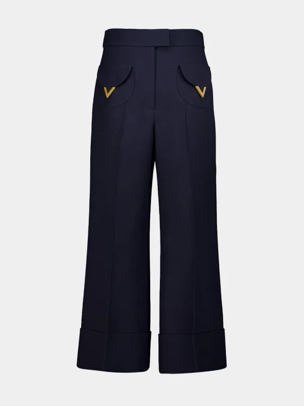 Navy VLogo Wool Wide-Leg Trousers made by Valentino Garavani