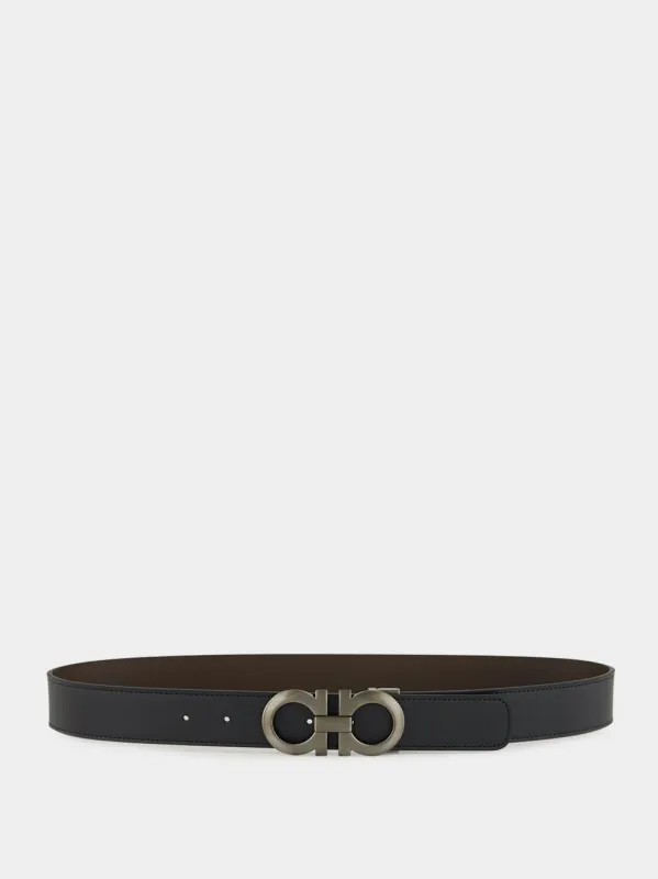 Black and Hickory Reversible Gancini Belt made by Salvatore Ferragamo