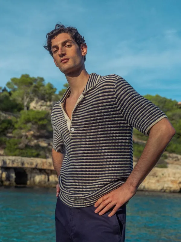 Night Iris Lowry Stripe Crochet Polo made by Orlebar Brown