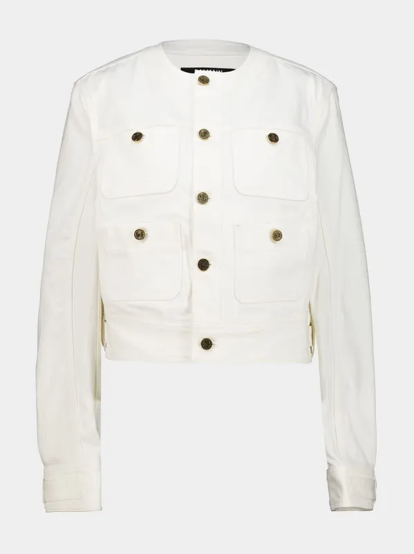White Round Collar Denim Jacket made by Balmain