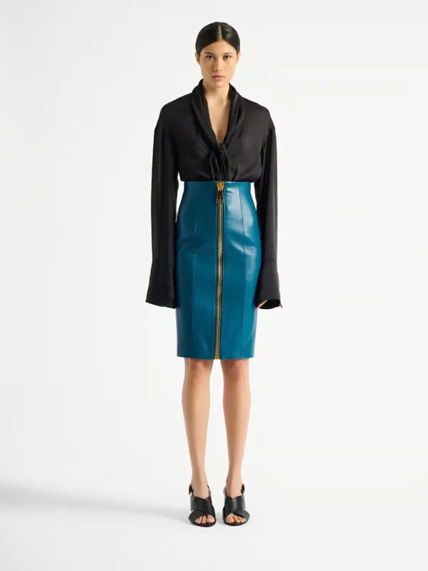 Blue Zipped Lambskin Skirt made by Balmain