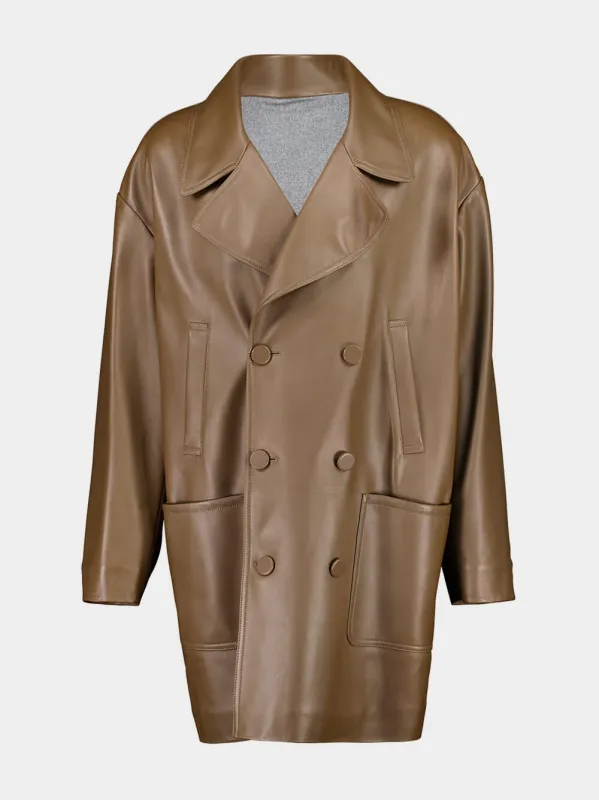 Brown Leather Pea Coat made by Fendi