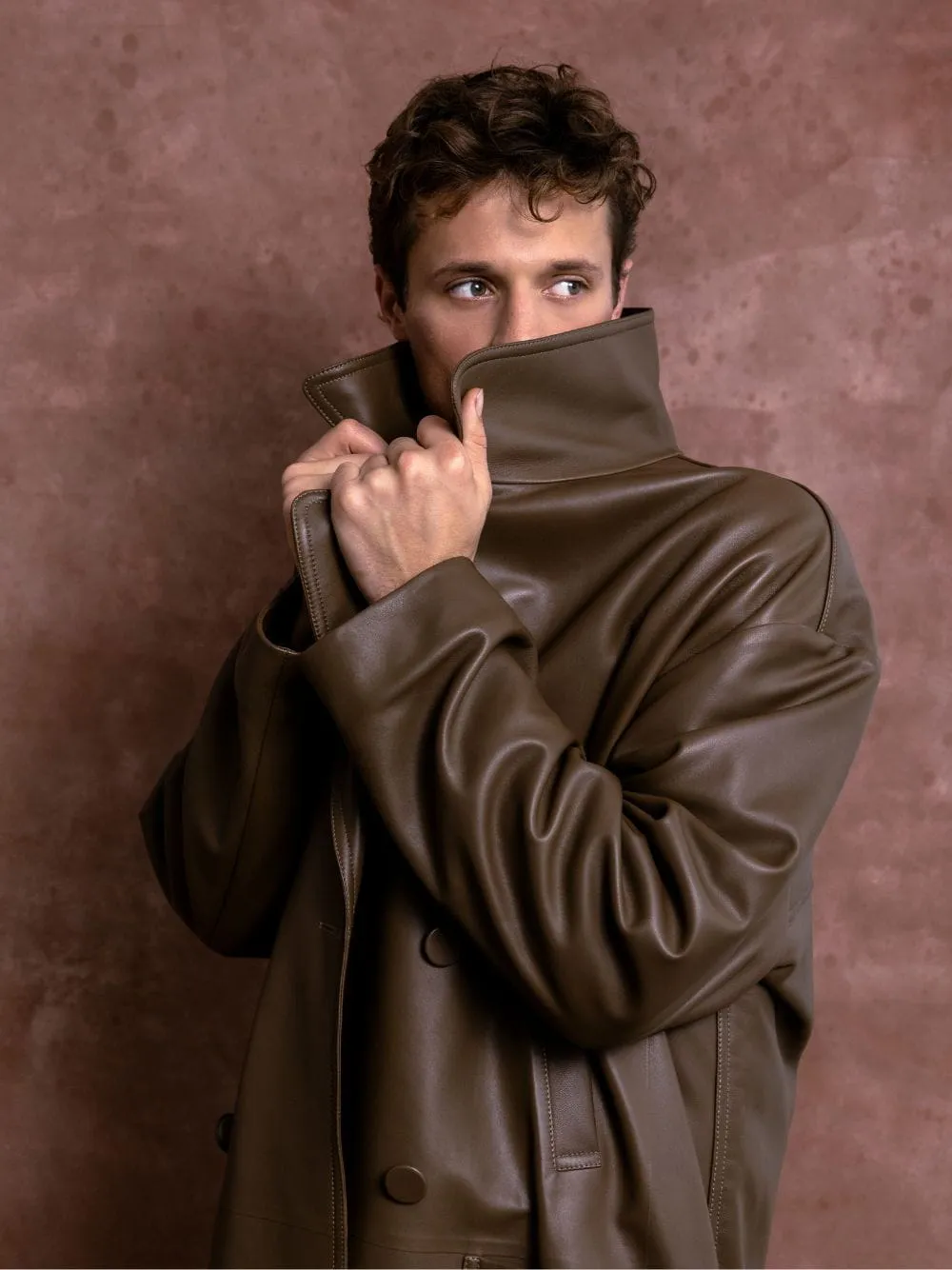 Brown Leather Pea Coat sold by Fashion Clinic product image thumbnail 4