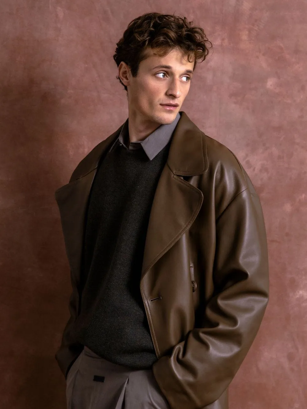 Brown Leather Pea Coat sold by Fashion Clinic product image thumbnail 2