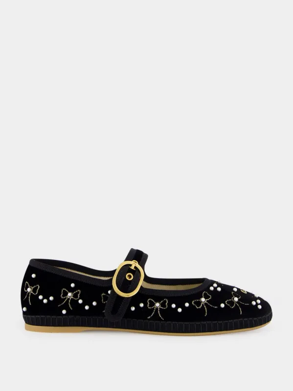 Black Velvet Ballerinas with Beaded Bows made by Valentino Garavani