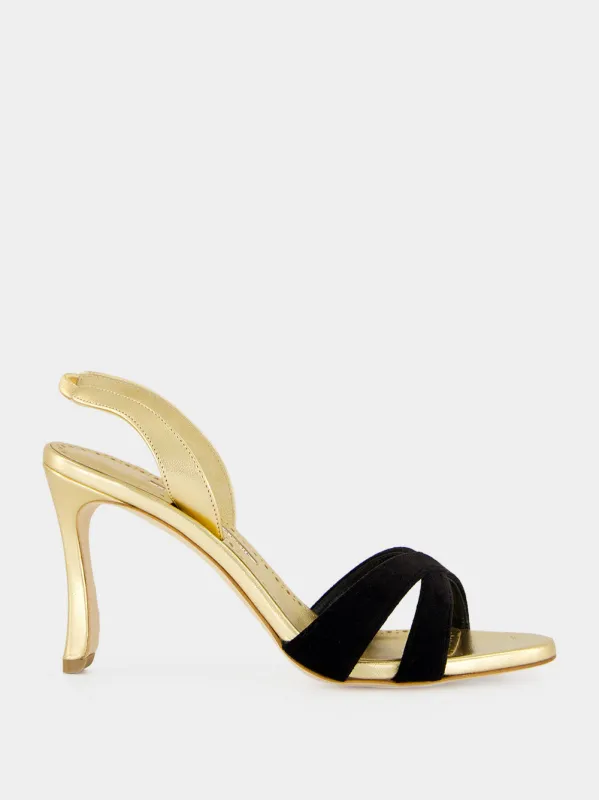 Gold and Black Velvet Slingback Sandals made by Manolo Blahnik