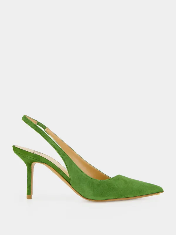 Green Suede Asymmetric Slingback Pumps made by Francesco Russo