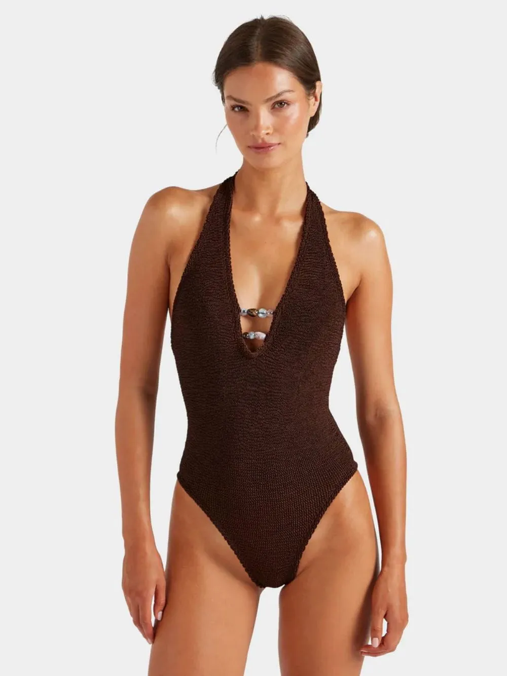 Metallic Chocolate Adriana Beaded Swimsuit sold by Fashion Clinic product image thumbnail 3