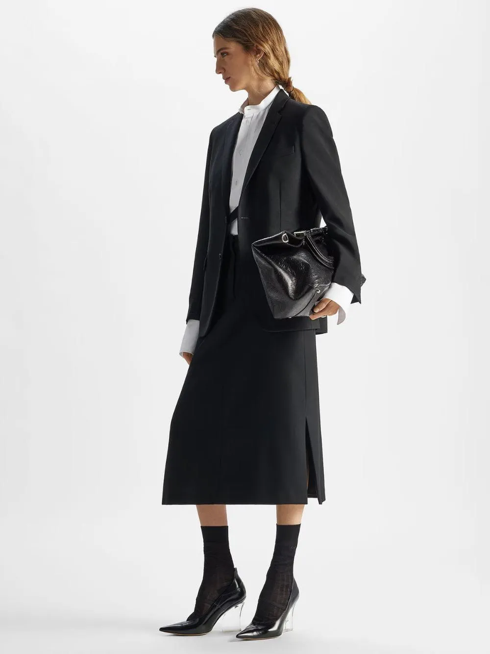 Black Grain de Poudre Wool Midi Skirt sold by Fashion Clinic