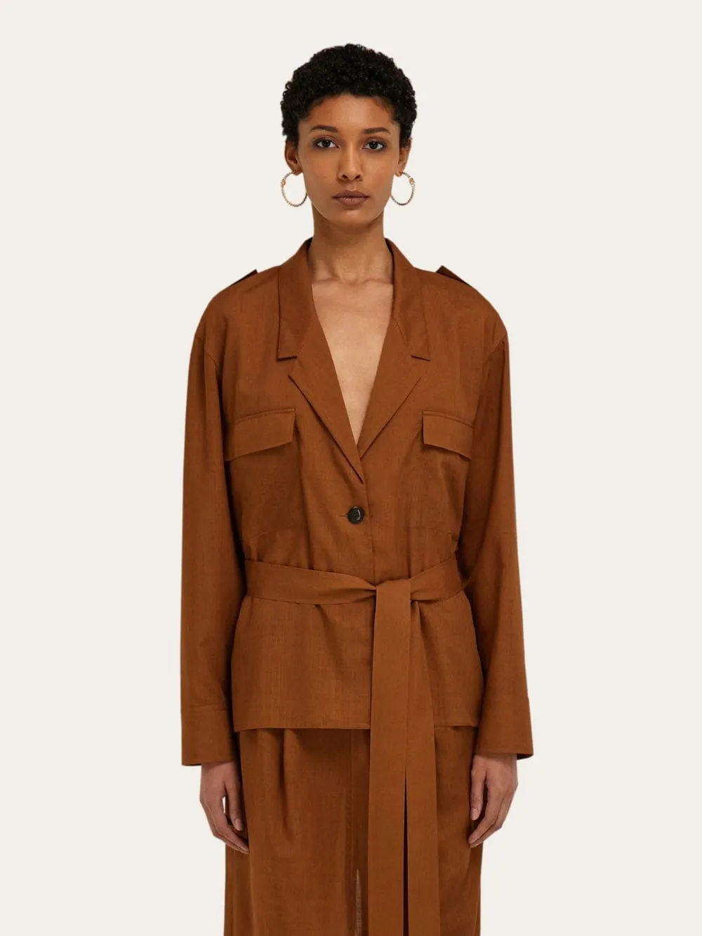 Cognac Belted Virgin Wool Blazer sold by Fashion Clinic