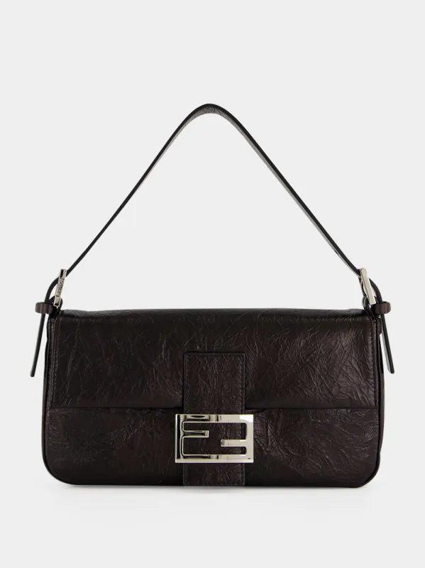 Black Baguette Crackled Leather Shoulder Bag made by Fendi