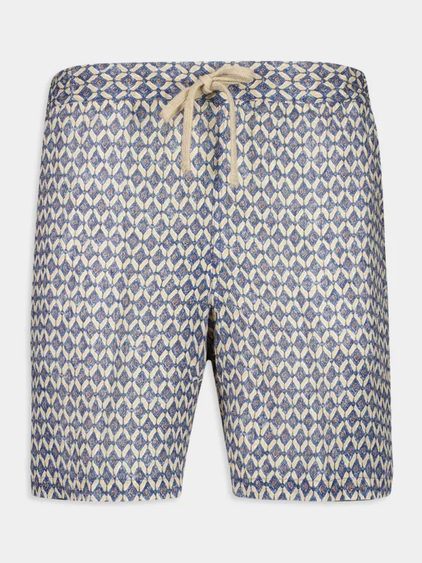 Washed Blue Print Bermuda Linen Shorts made by Fashion Clinic