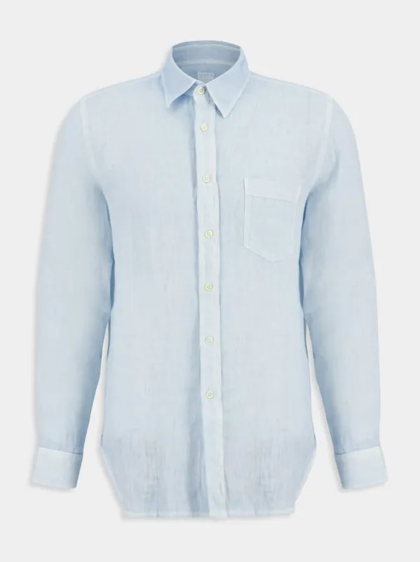 Sea Soft Blue Linen Shirt with Pocket made by Fashion Clinic