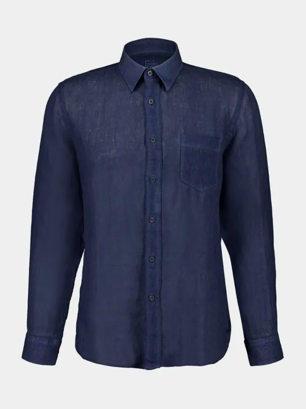 Navy Blue Faded Linen Long-Sleeve Shirt made by Fashion Clinic