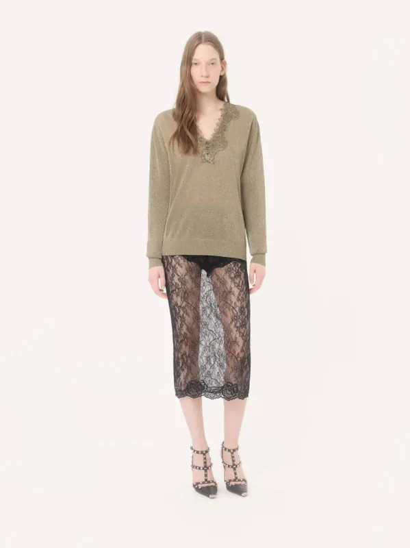 Gold Lurex Lace Trim V-Neck Jumper made by Valentino Garavani