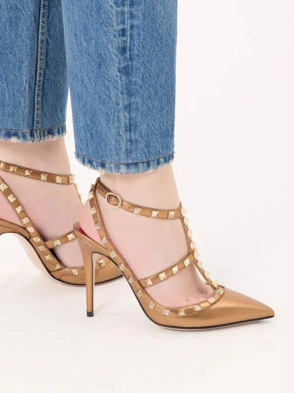 Vintage Gold Rockstud Leather Pumps made by Valentino Garavani