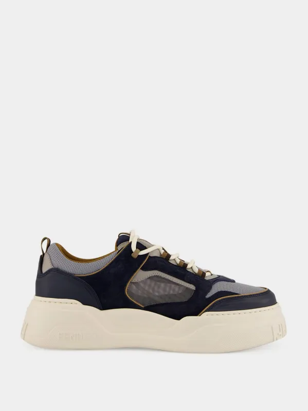 Grey Technical Fabric and Dark Blue Suede Force Trainers made by Fendi