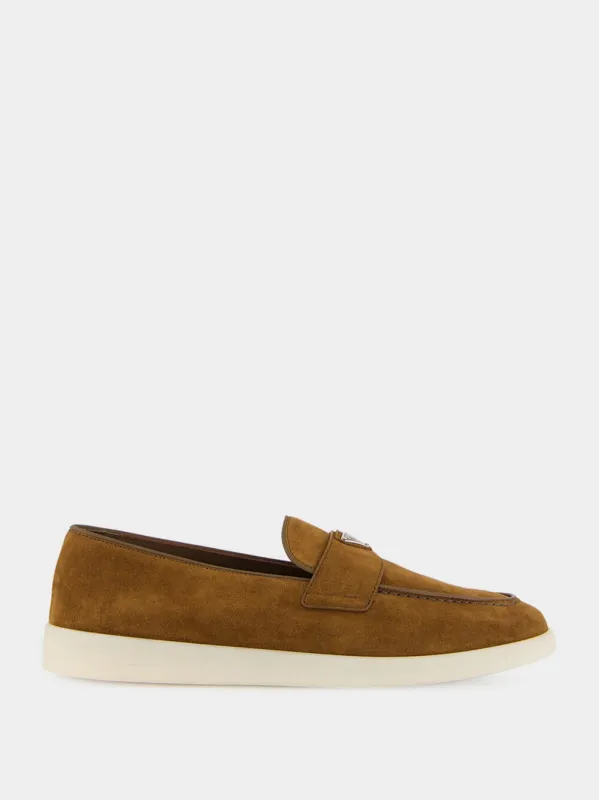Cocoa Brown Suede Loafers with Logo Detail made by Prada