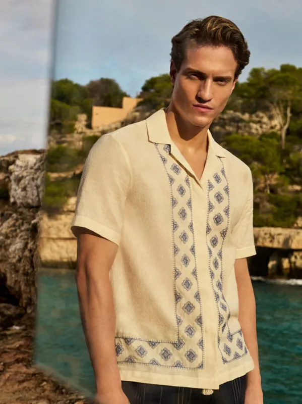 White and Blue Maitan Embroidery Cotton Shirt made by Orlebar Brown