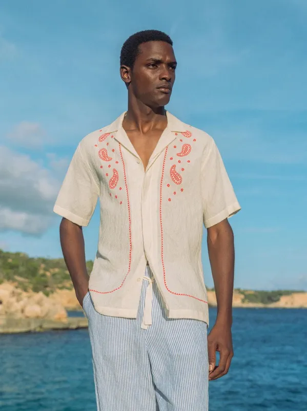 White Sand Maitan Embroidered Shirt made by Orlebar Brown