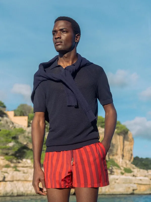 Vermillion Red Stripe Jack Swim Shorts made by Orlebar Brown