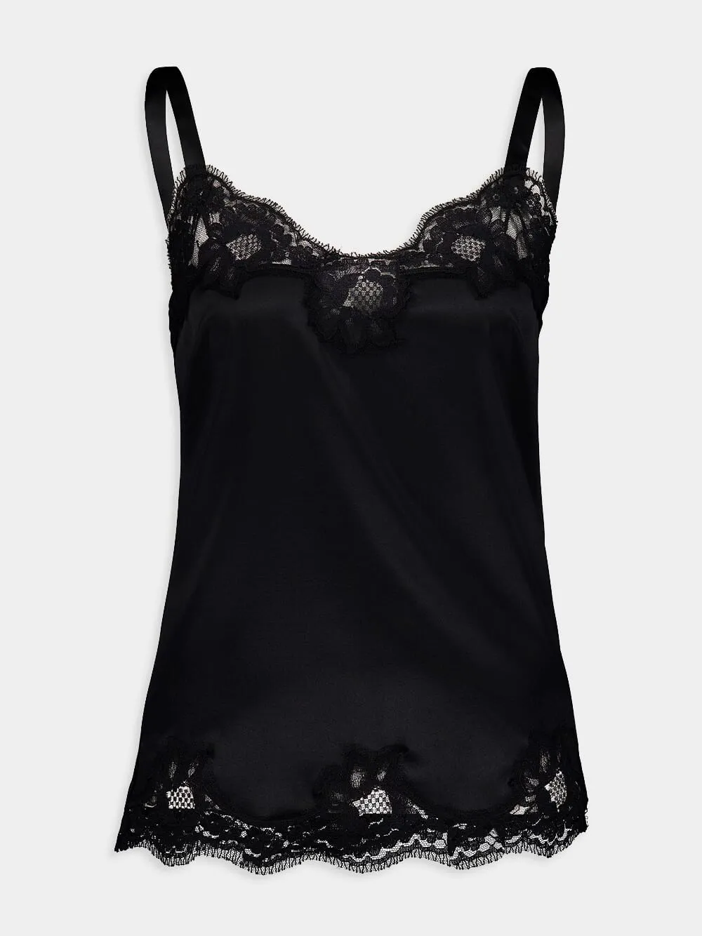 Black Lace-Trim Silk Top sold by Fashion Clinic