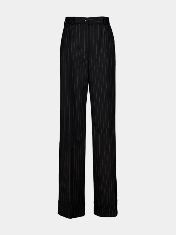 Black Pinstripe Bi-Stretch Wool Trousers made by Dolce & Gabanna