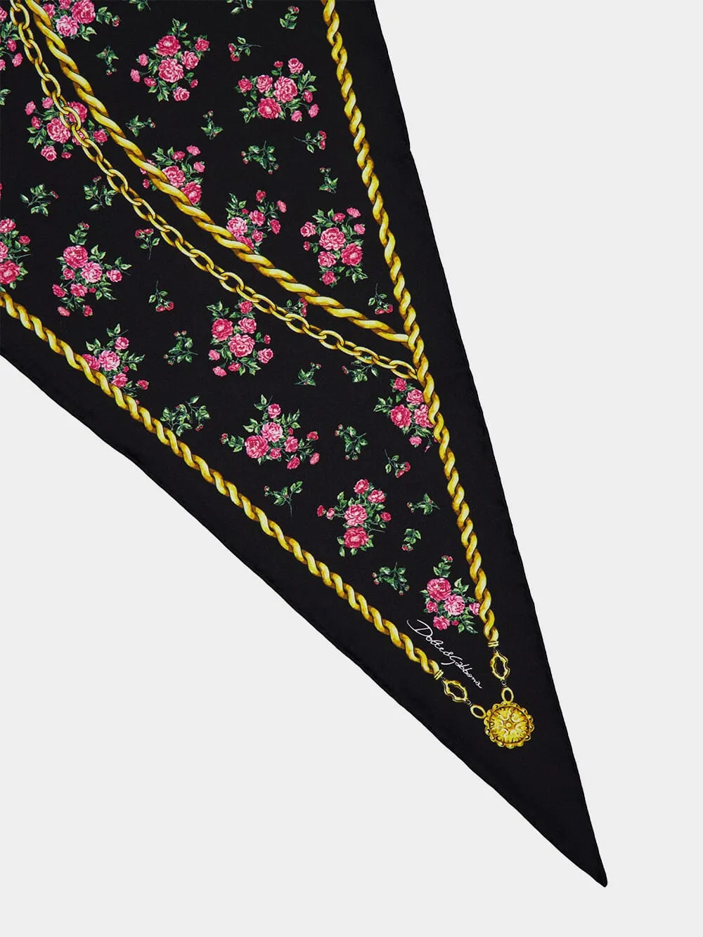 Black Floral and Chain Print Triangle Silk Scarf sold by Fashion Clinic product image thumbnail 3