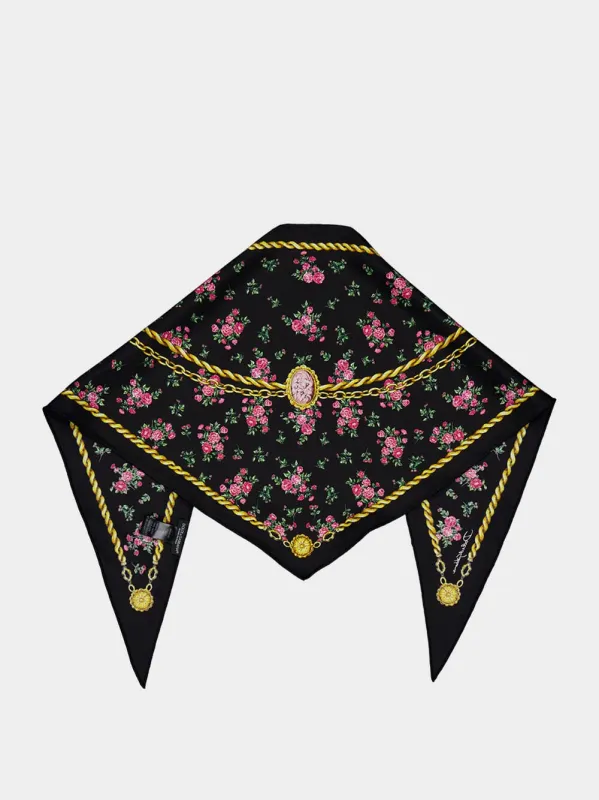 Black Floral and Chain Print Triangle Silk Scarf made by Dolce & Gabanna