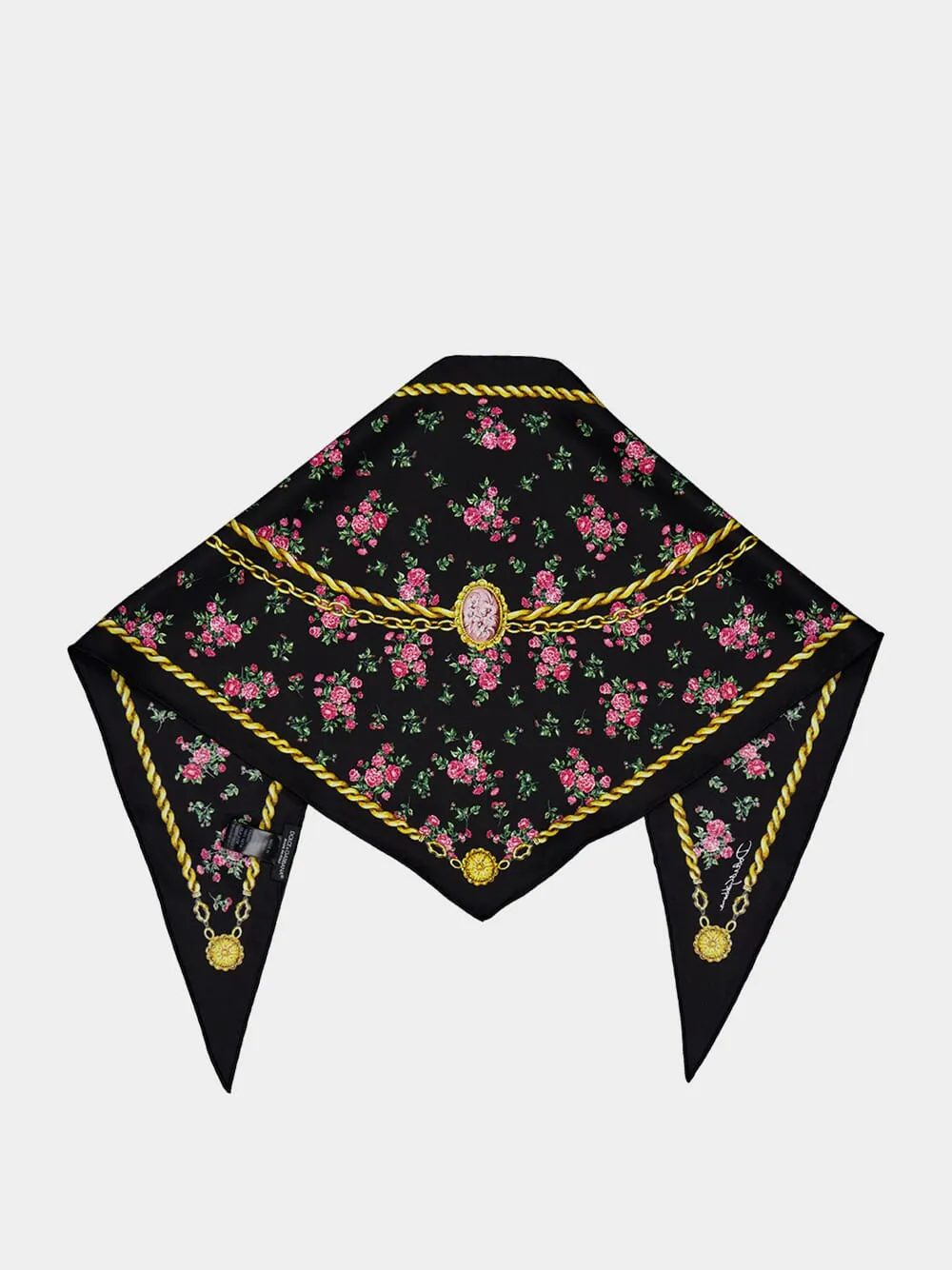 Black Floral and Chain Print Triangle Silk Scarf sold by Fashion Clinic