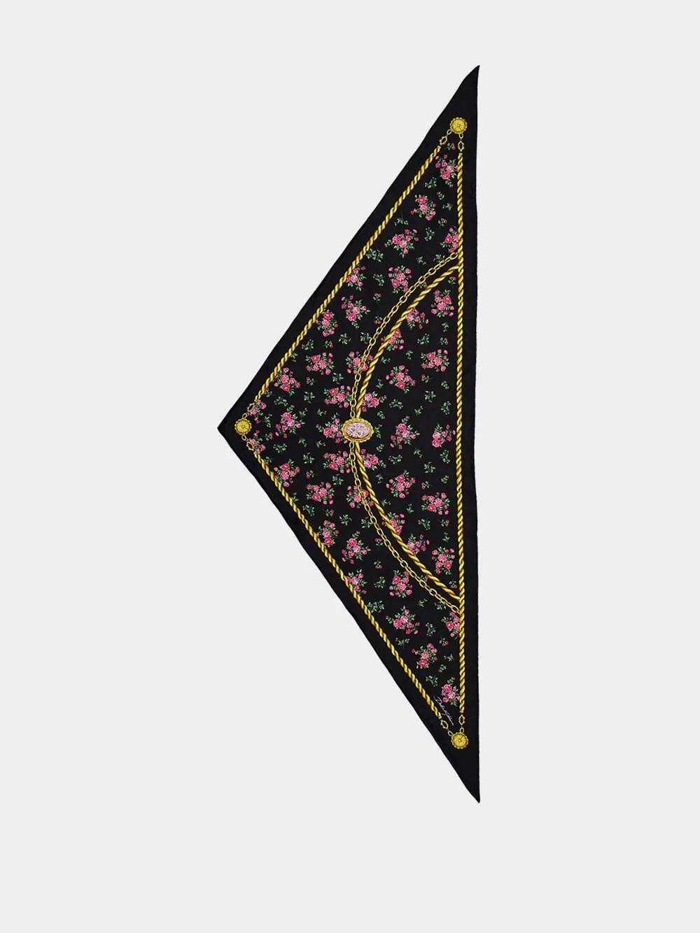 Black Floral and Chain Print Triangle Silk Scarf sold by Fashion Clinic product image thumbnail 2