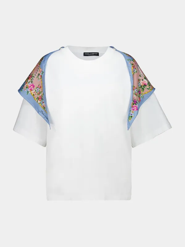 White Cotton T-Shirt with Floral Twill made by Dolce & Gabanna