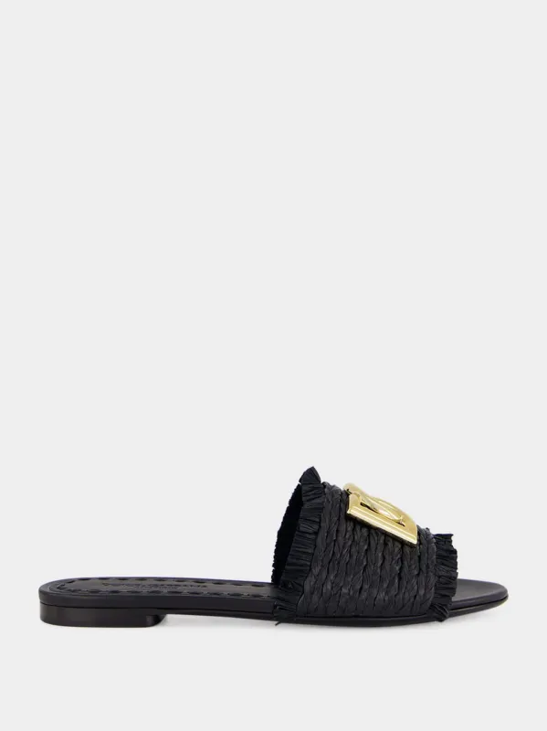 Black Raffia Fringed Flat Slides made by Dolce & Gabanna