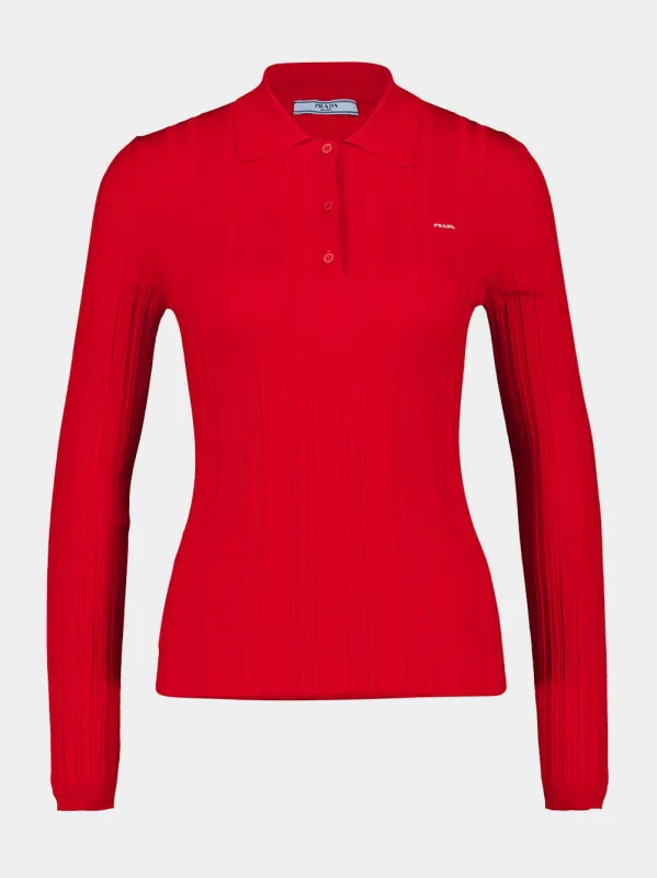 Red Ribbed Cotton Knit Long-Sleeve Polo made by Prada